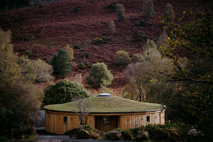 The Roundhouse at The Deerstone, with its living sedum roof, in the Wicklow hills.