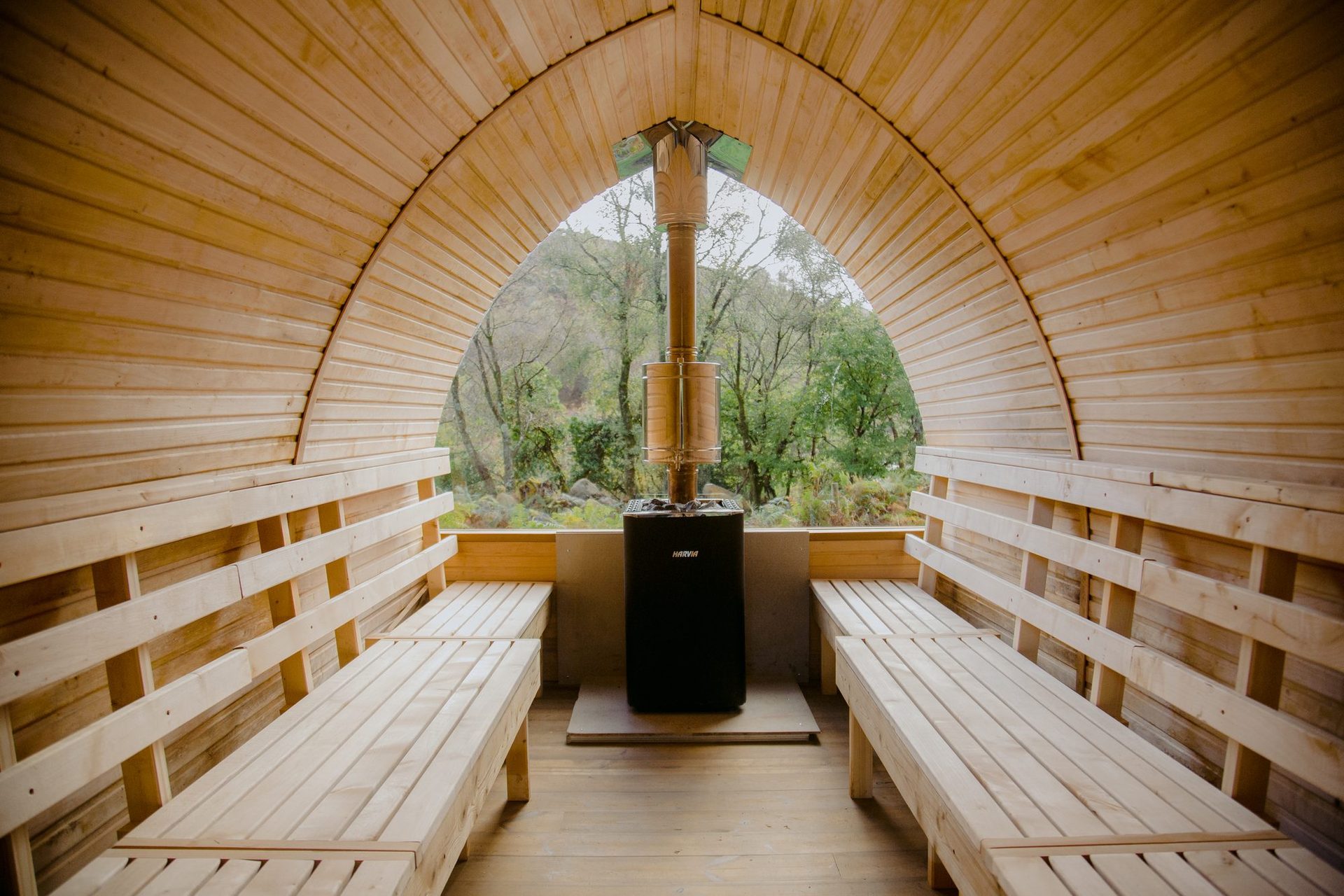 Interior of the black sauna at The Deerstone.