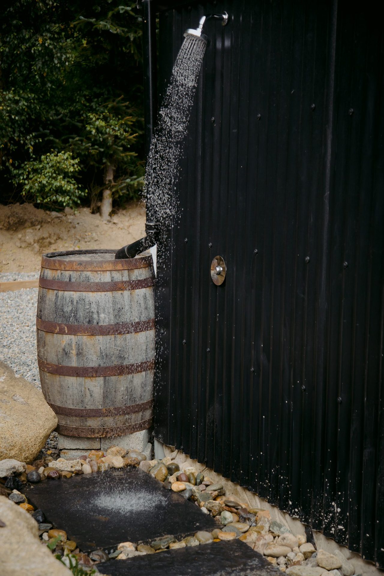 Outdoor rainwater shower at The Deerstone.