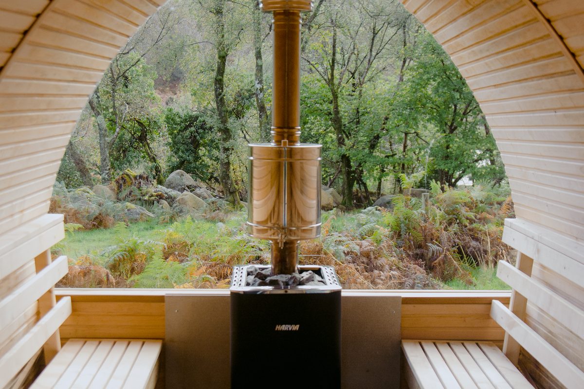 Timber sauna at The Deerstone looking out over Wicklow woodland.